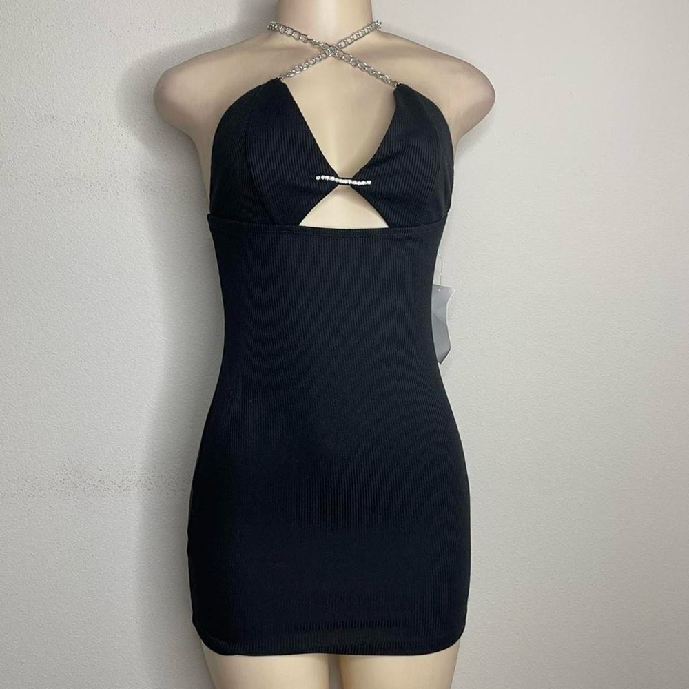 Black Halter Mini Dress with Rhinestone and Chain Detail